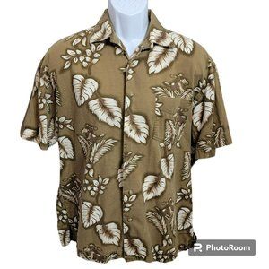 Roper Shirt, Men L, Tan S.Sleeve Button Front, Tropical Rodeo Print, Cotton EUC